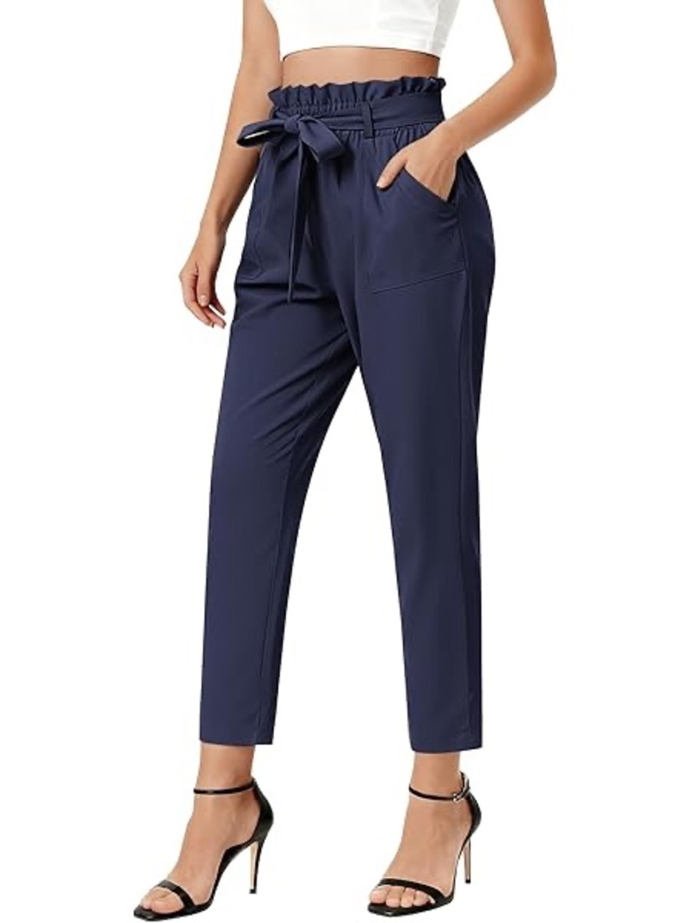 Grace Karin Navy Paperbag Waist Cropped Trousers with Tie Belt